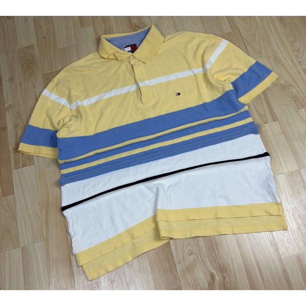 Vintage 90s Tommy Hilfiger Polo Shirt / Striped / Yellow / Blue / Size Large